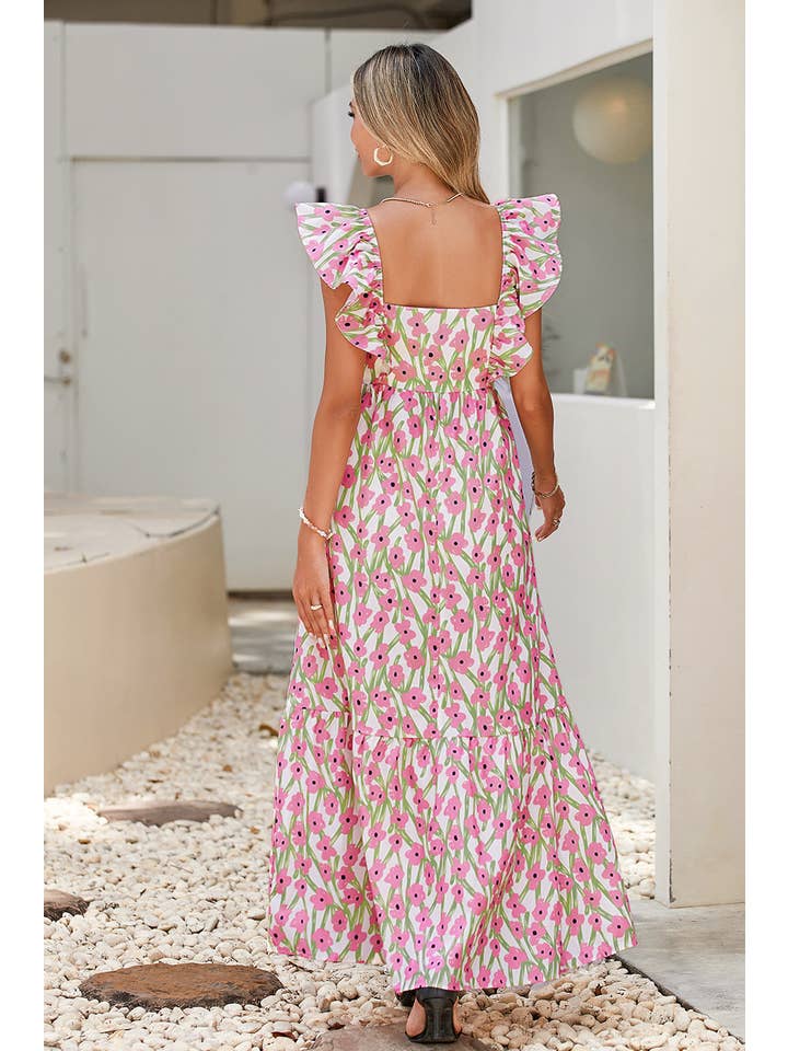Little Daisy Closet - Wholesale Dress - Women's - LDC Floral Print Square Neck Ruffled Strap Maxi Dress