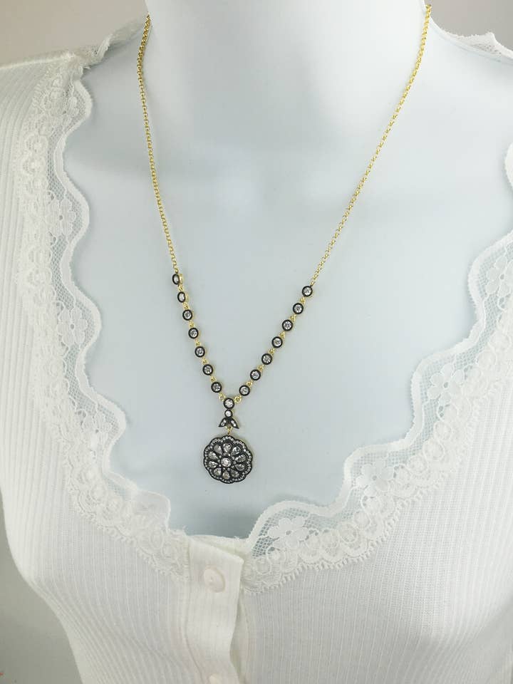 Gold Plated Sterling Silver Diamond Like Statement Necklace for wholesale by Dynasty Gold Jewelers, Inc.