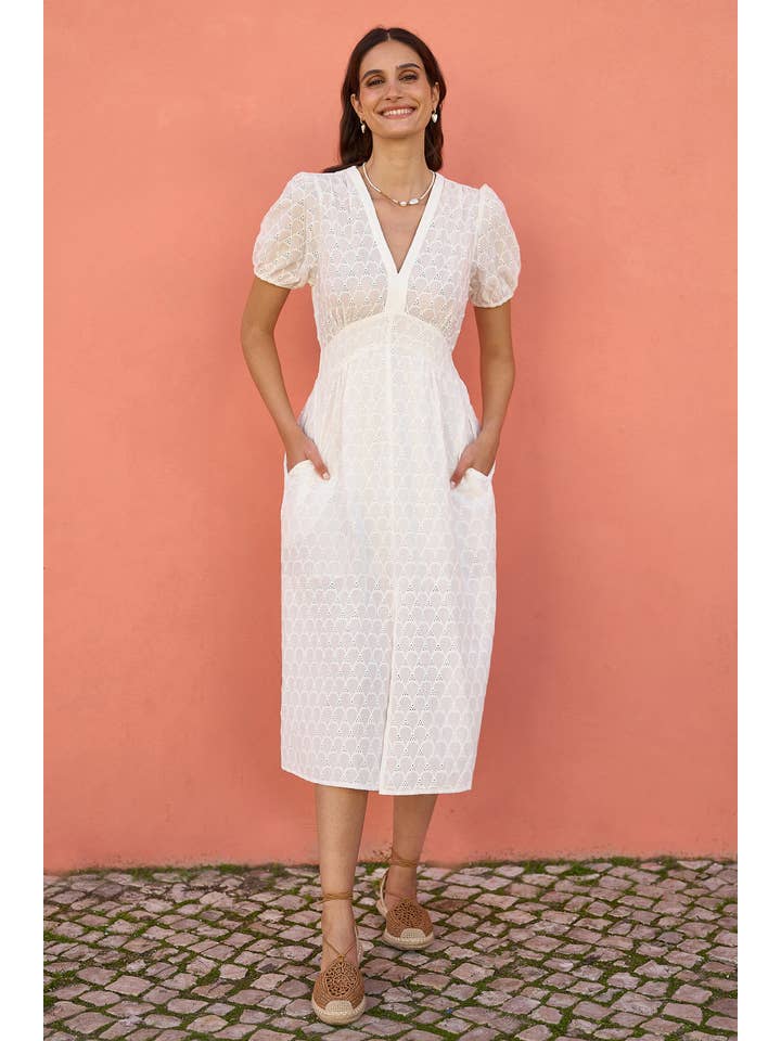 Yumi White Broderie Anglaise Midi Dress With Split Hemline for wholesale on Faire