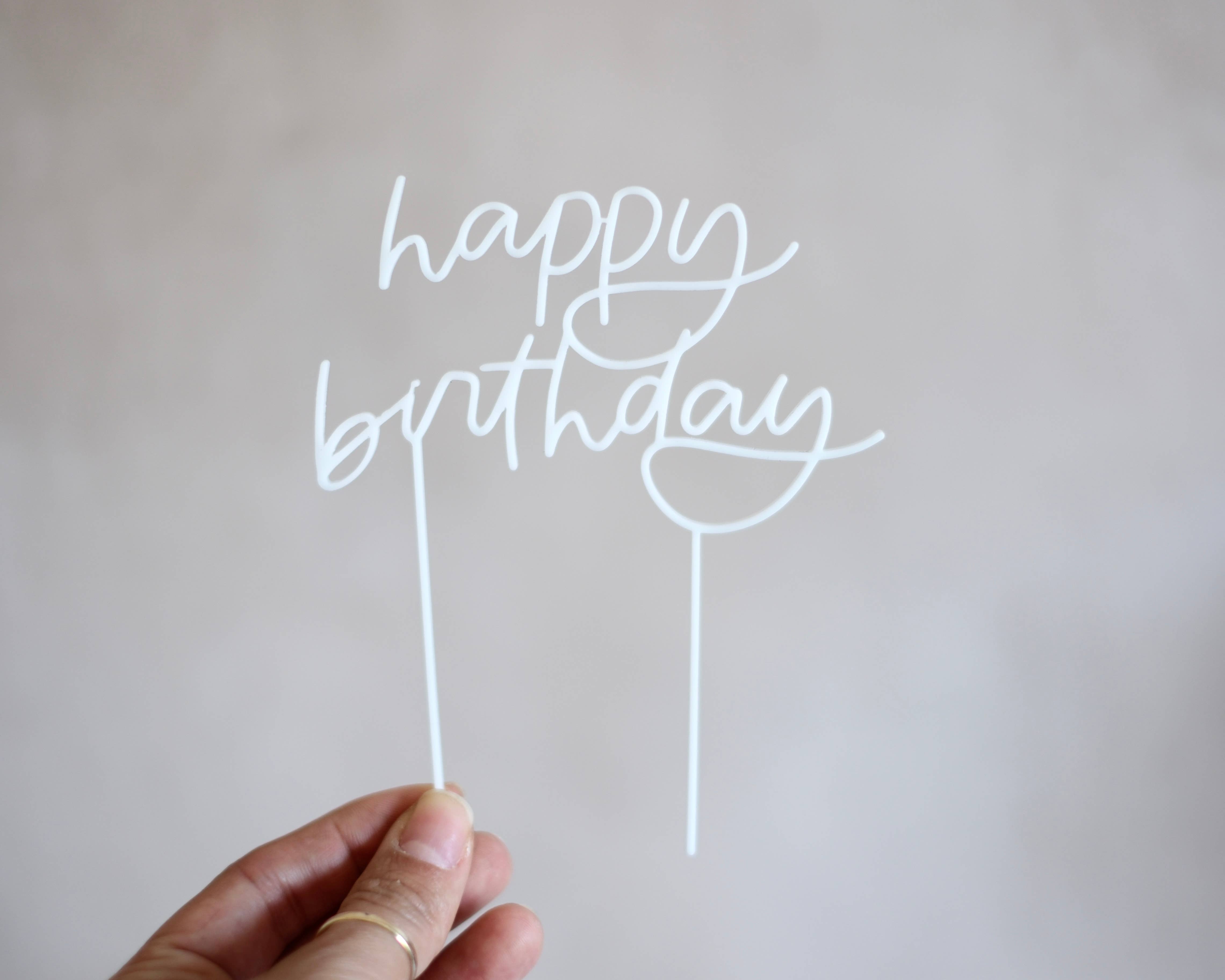 White Happy Birthday Acrylic Cake Topper for wholesale on Faire1