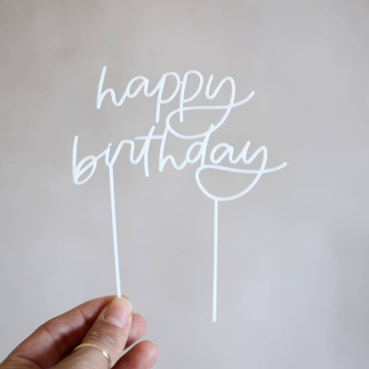 White Happy Birthday Acrylic Cake Topper for wholesale on Faire1