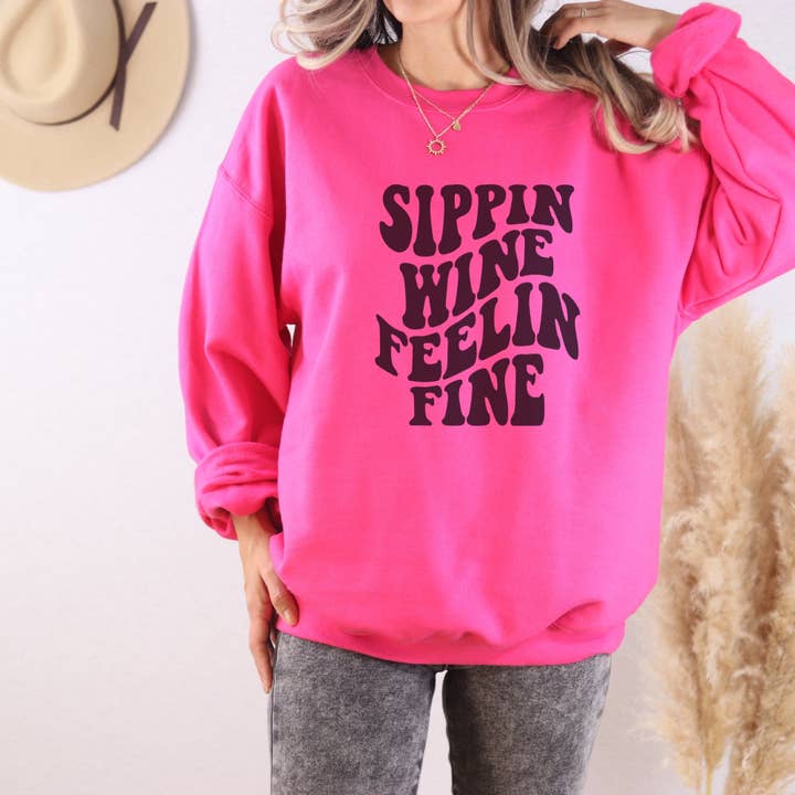 Trendznmore - Modern Graphic Apparel - Wholesale Graphic Sweatshirt - Women's - Sippin Wine Feelin Fine Crewneck Sweatshirt6