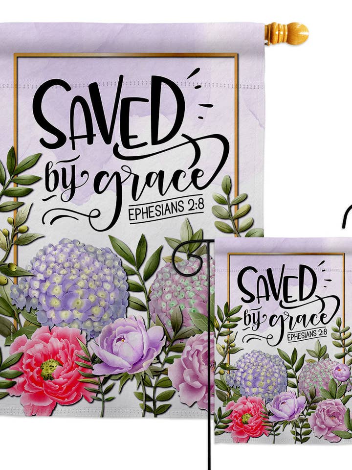 Drapeau Saved Grace Versets de la Bible Maison de jardin florale 2 faces pour la vente par Two Group Flag Co
