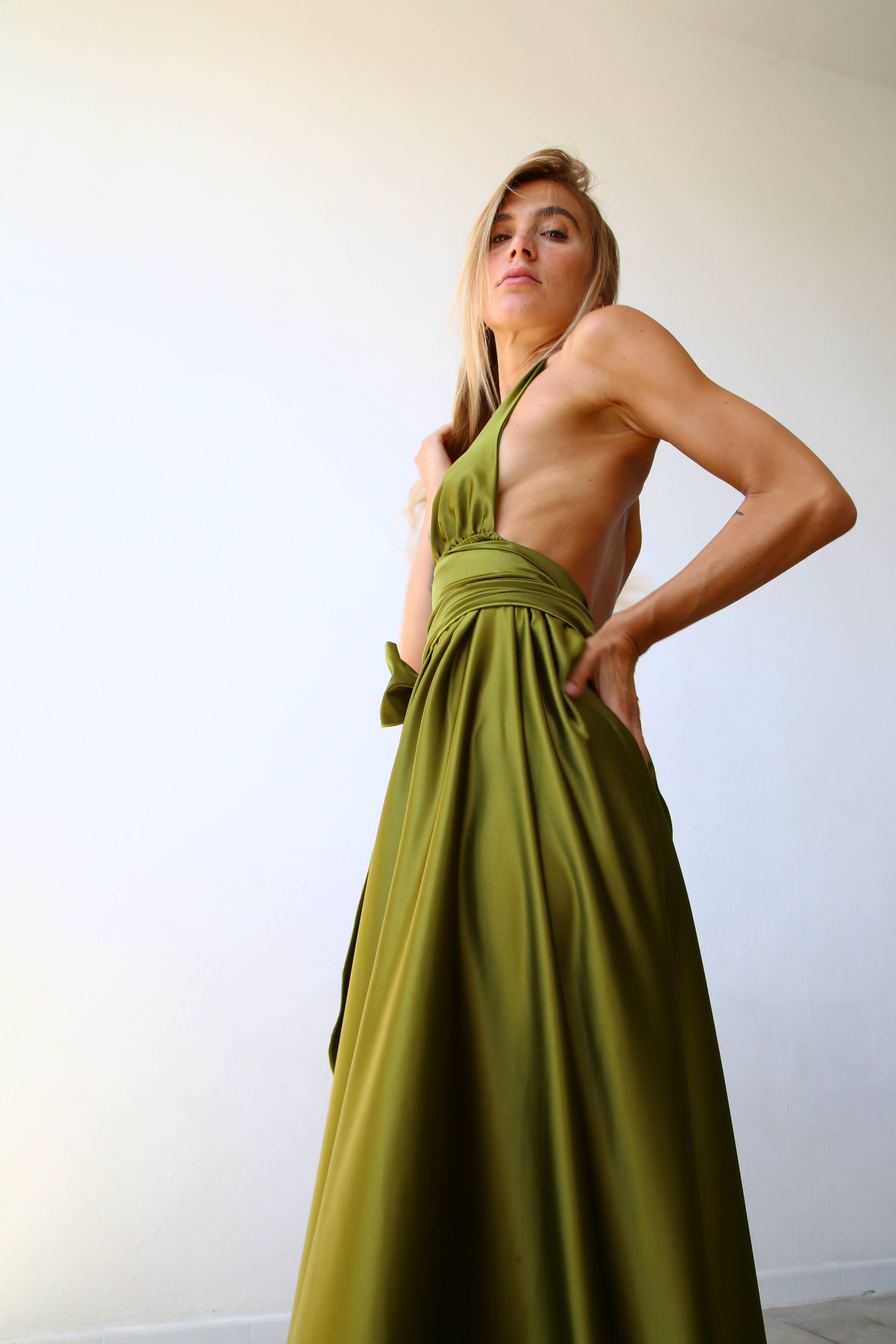 P3169 LONG MARILYN DRESS WITH FLARED SKIRT AND OLIVE GREEN BELT for wholesale on Faire1