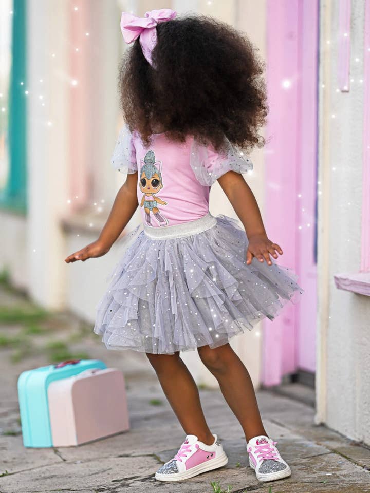 Pink L.O.L. SURPRISE! x Mia Belle Girls Kitty Queen Sparkle Tulle Skirt Set for wholesale on Faire
