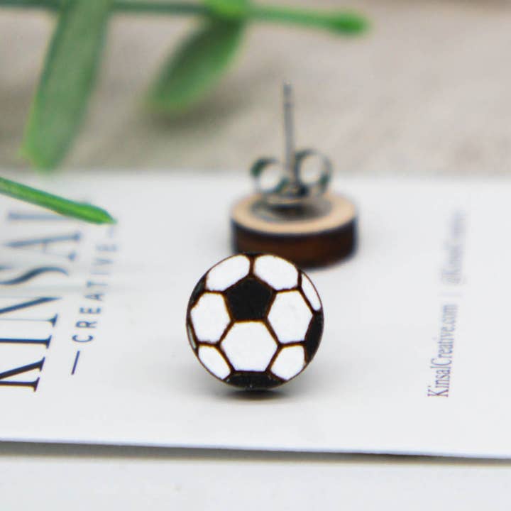 Kinsal Creative - Wholesale Stud/Post Earrings - Soccer Ball Wood Stud Earrings