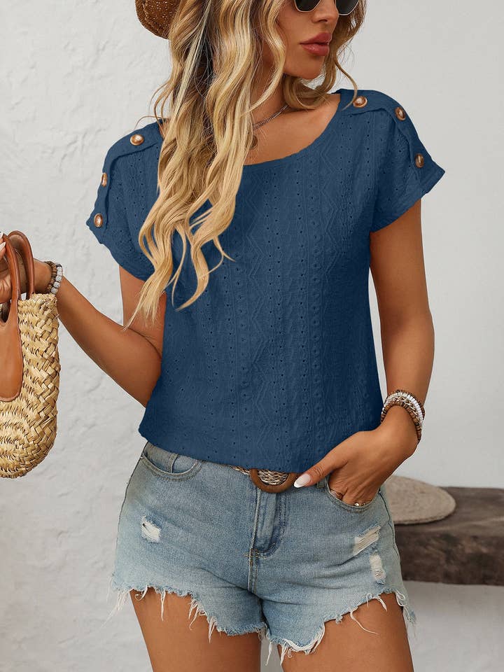Lovesoft - Wholesale Blouse - Women's - Solid Crewneck Button Short-sleeved Cut-out Top15