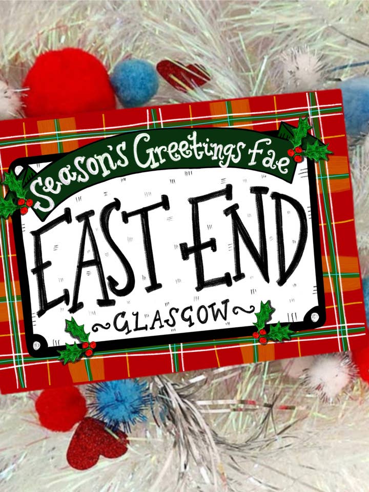 ¡Felices fiestas en el East End! Tarjeta de Navidad escocesa para venta al por mayor de Claire Barclay Draws