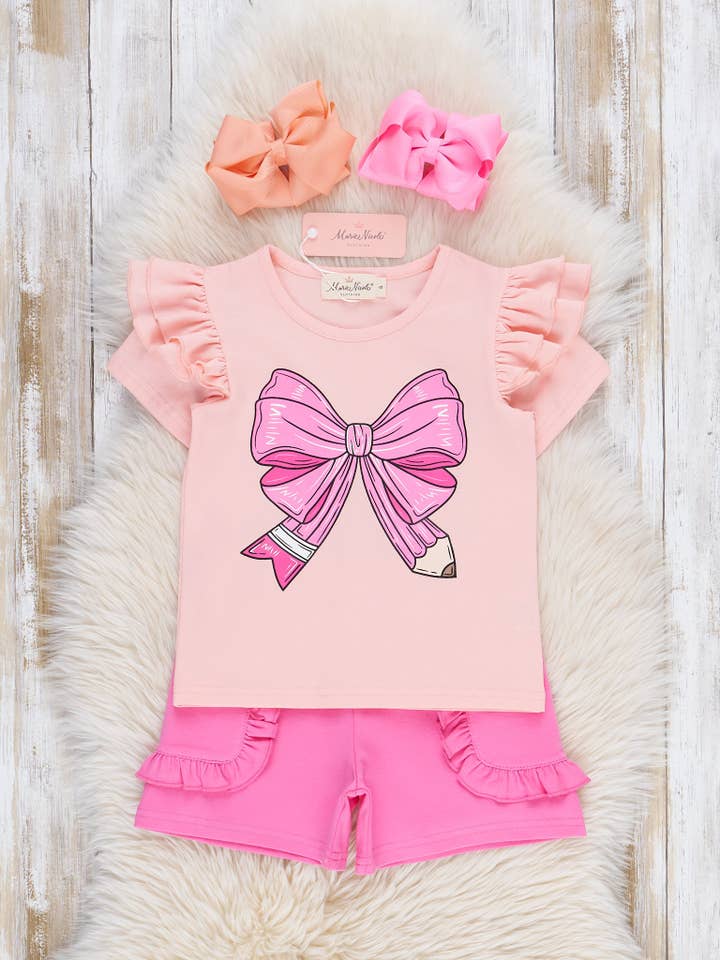 Marie Nicole Clothing - Wholesale Top & Short Set - Kids - Pencil Bow Ruffle Outfit