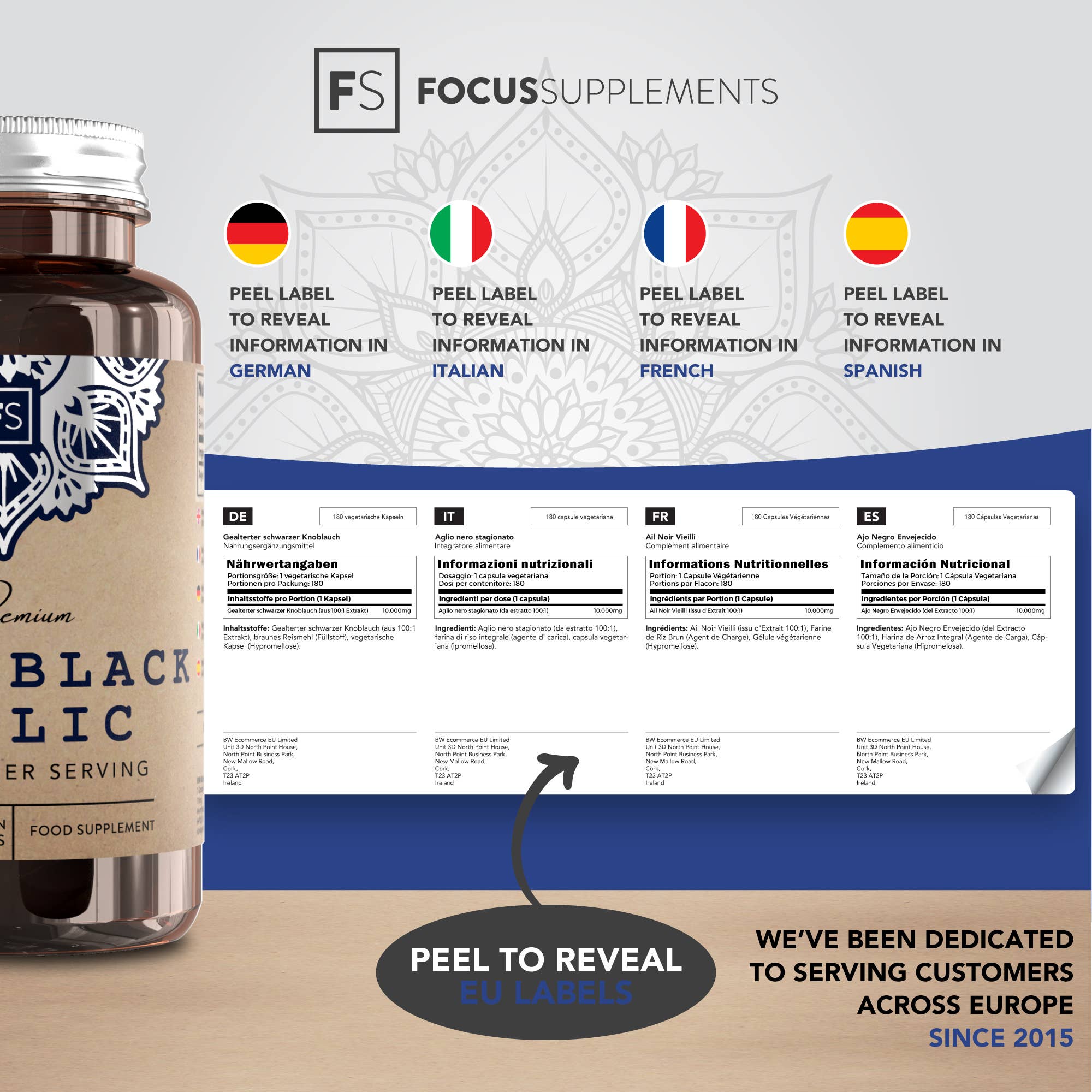 Focus Supplements - Venta al por mayor Suplementos/vitaminas para beber - Ajo negro envejecido (10 000 mg) 180 cápsulas2
