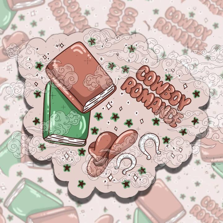 Pegatina de vinilo de tropos coloridos de romance vaquero y libros para venta al por mayor de Sticky Sadness Designs