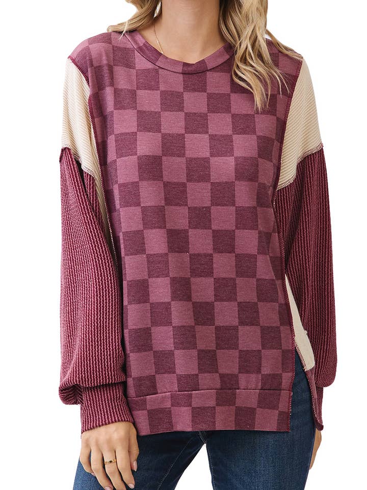 Langærmet pullover med ternet print for engroshandel hos Vanilla Monkey