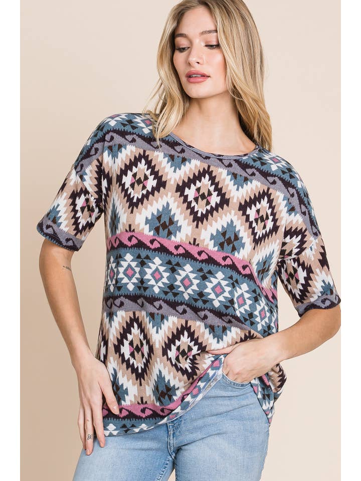BOMBOM - Wholesale Knit Top - Women's - TA1966 Southwest Aztec Print Knit Top1