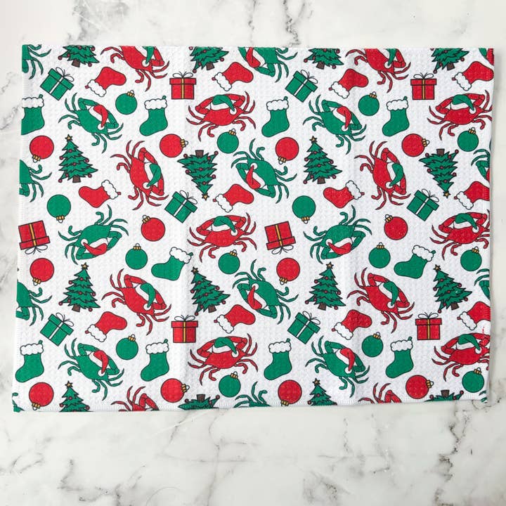 Jami Creates - Wholesale Tea Towel - Maryland Christmas Crab Patterned Waffle Kitchen Dish Towel2