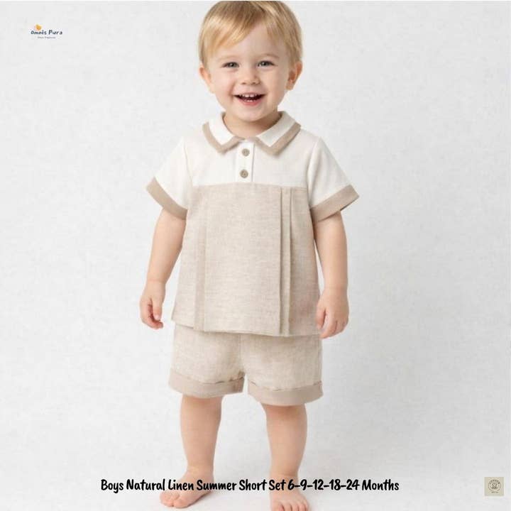 Ensemble d'été en lin naturel pour garçons | 6–24 mois pour la vente par Omnis Pura