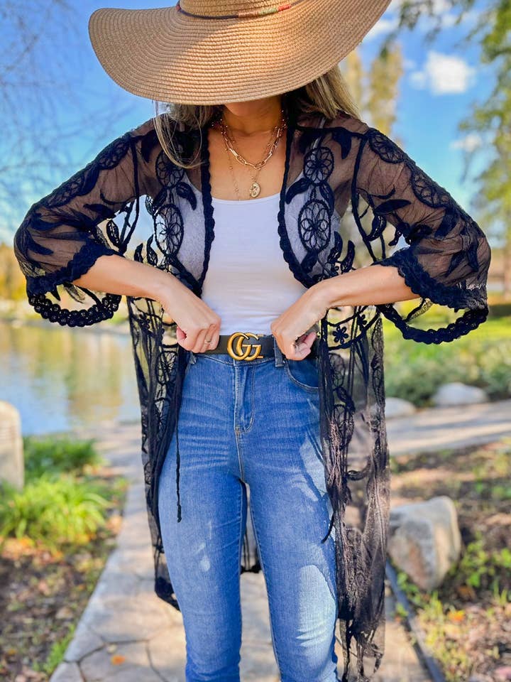 Black Dream Catcher Printed Lace Sheer LightWeight Kimono for wholesale by AMOLI