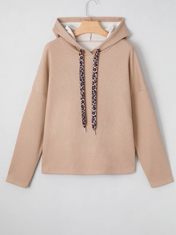 Dark Khaki Thermal Textured Leopard Drawstring Baggy Hoodie for wholesale by Sweet Lover Fashion