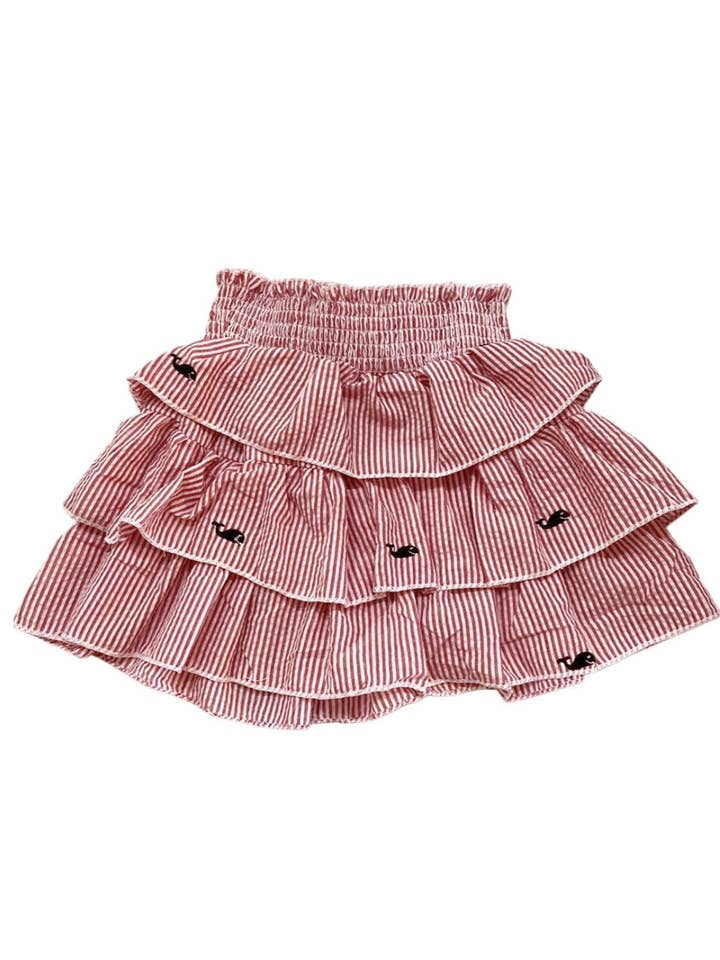 Roter Stufen-Rock mit Rüschen und blauen Walen für den Großhandel von Piping Prints