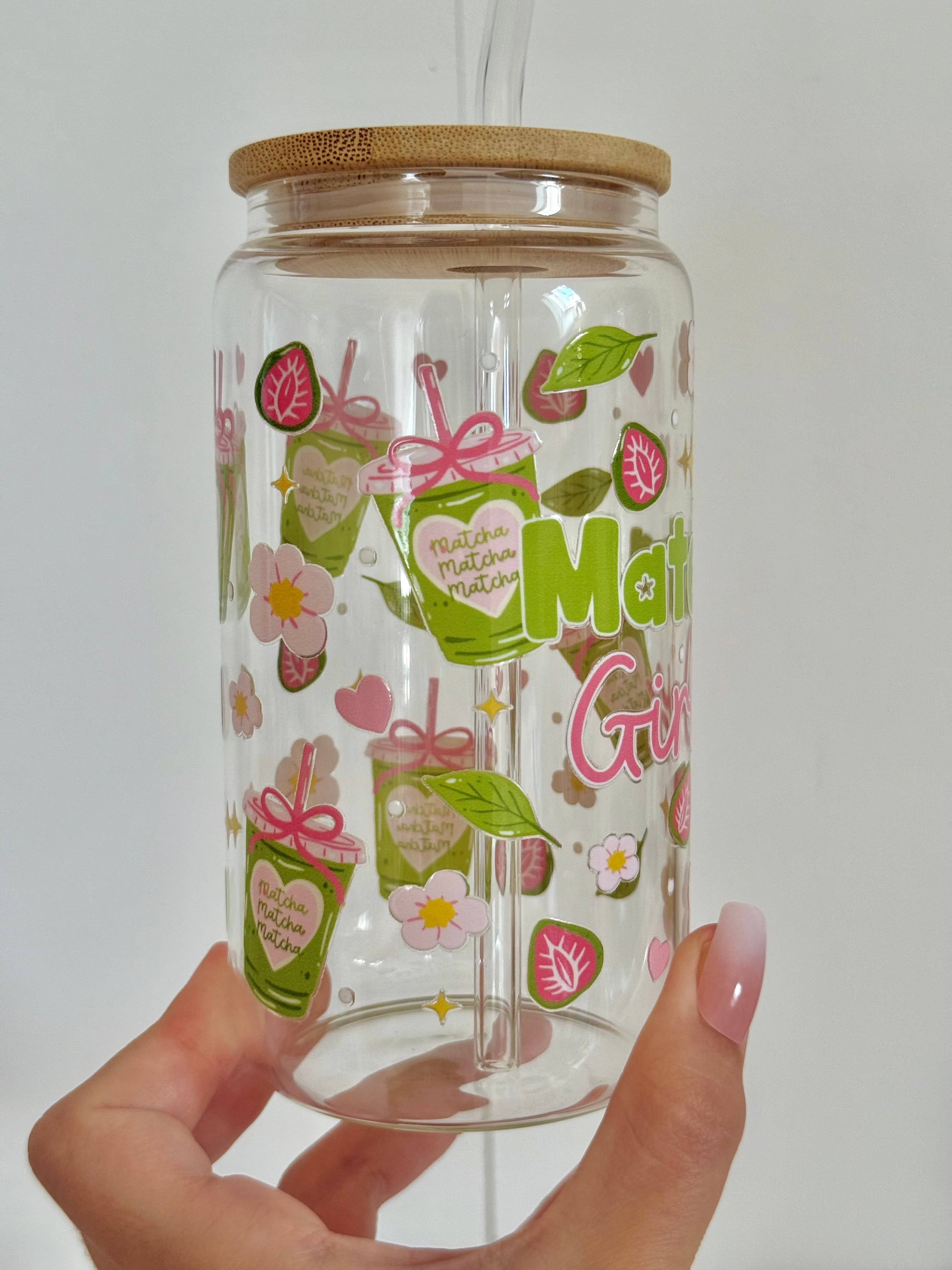 the cute cloud - Wholesale Drinking Glass/Cup - Matcha Girly Glass Tumbler Double Sided Print with Lid and Straw3