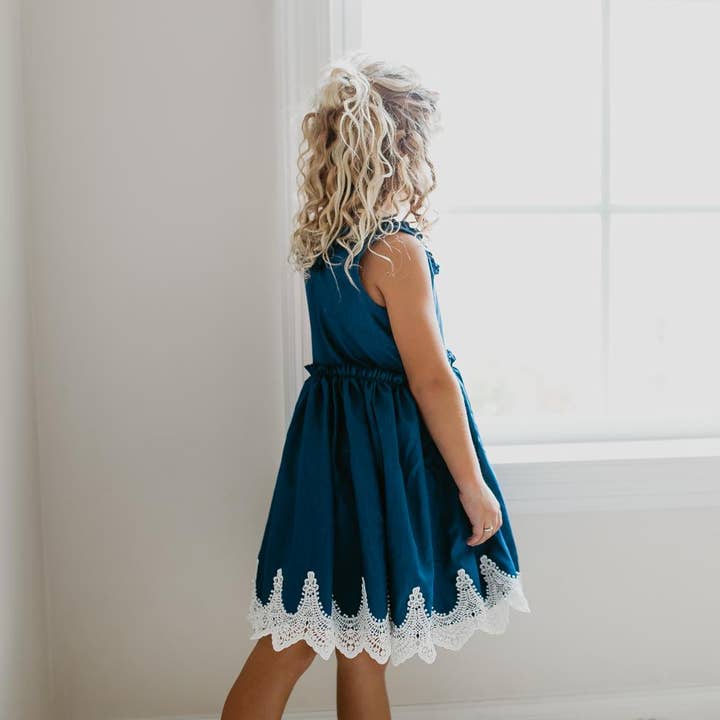 Oopsie Daisy - Wholesale Dress - Kids - Kids Denim Ruffle Intricate Lace Summer Dress