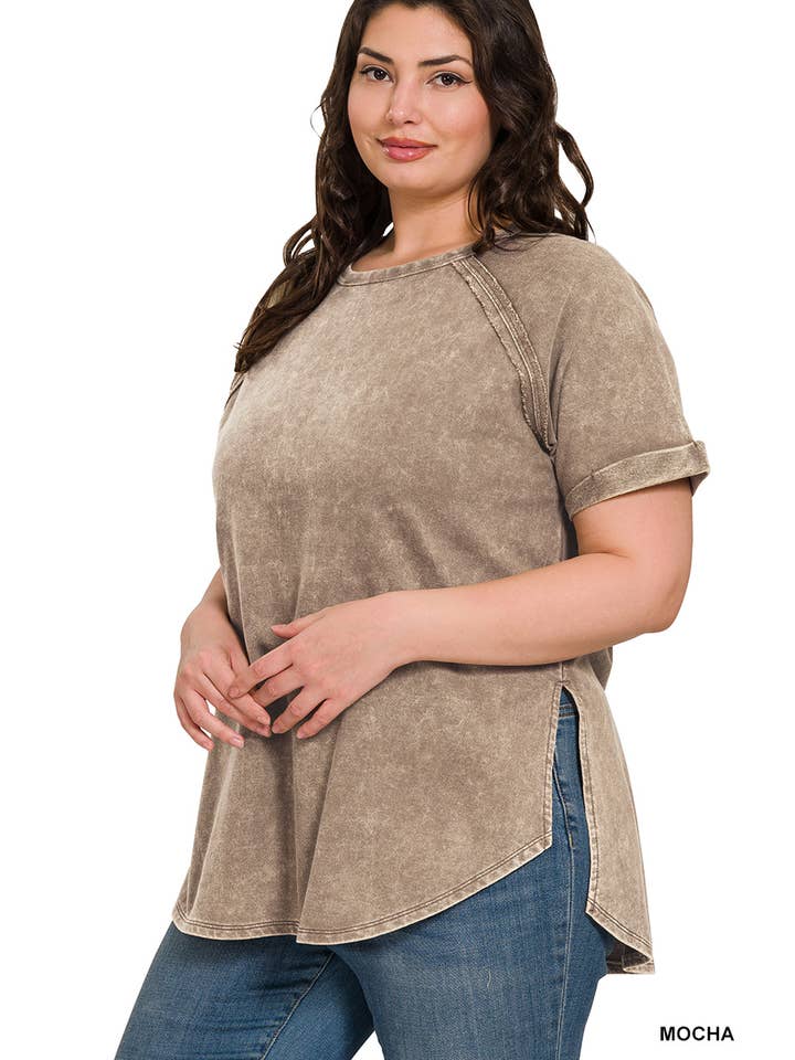 42POPS - Wholesale T-Shirt - Women's - ",,..SI-25676 PLUS SIZE FRENCH TERRY ACID WASH RAW EDGE RAGLAN