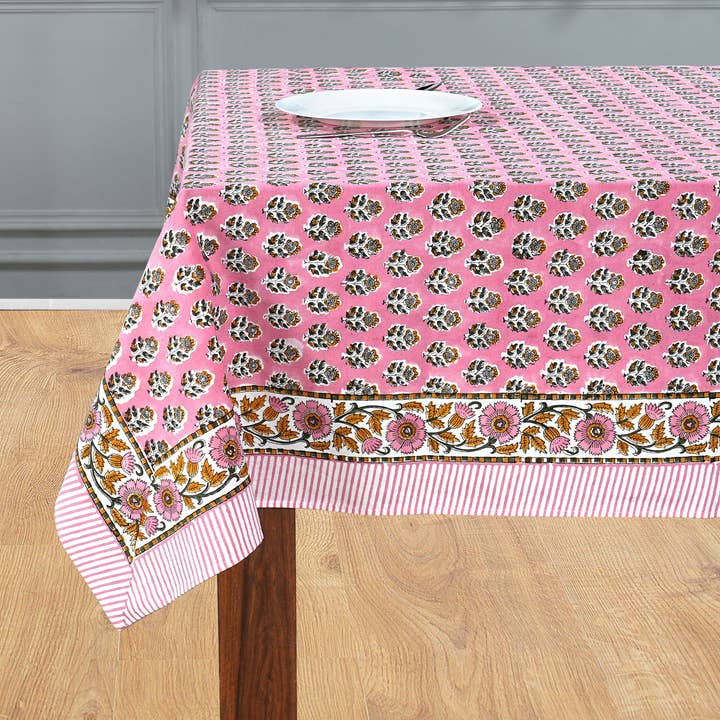 Poppy Pink Block Print Tablecloth for wholesale by Cotton Print Club