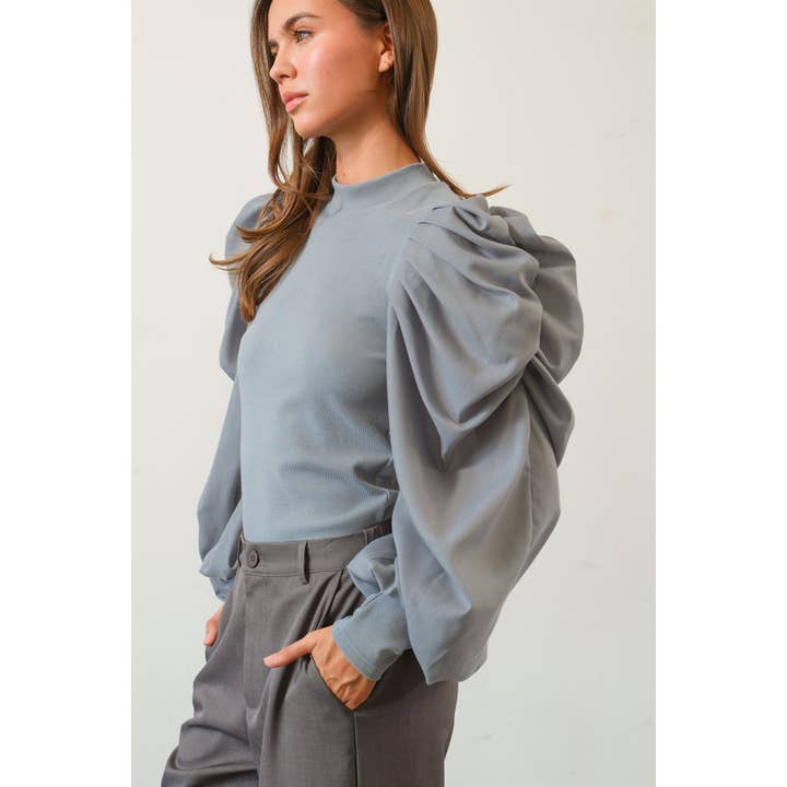 HYFVE - Wholesale Blouse - Women's - HF25A714-Mock Neck Puff Sleeve Blouse
