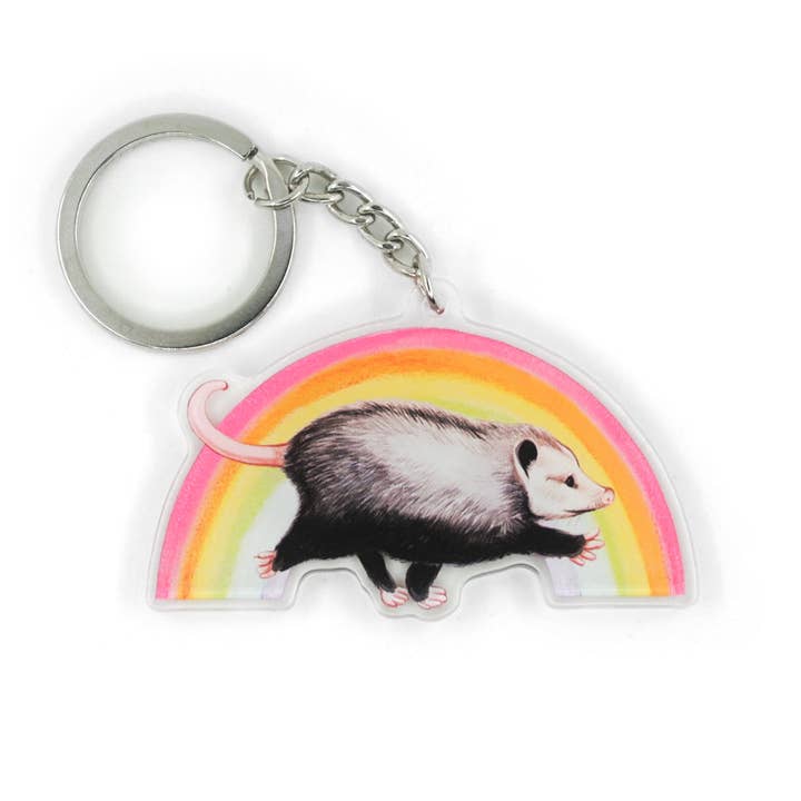 Rainbow Raz the Opossum Double-Sided Acrylic Keychain for wholesale by Allison Stoiser Art