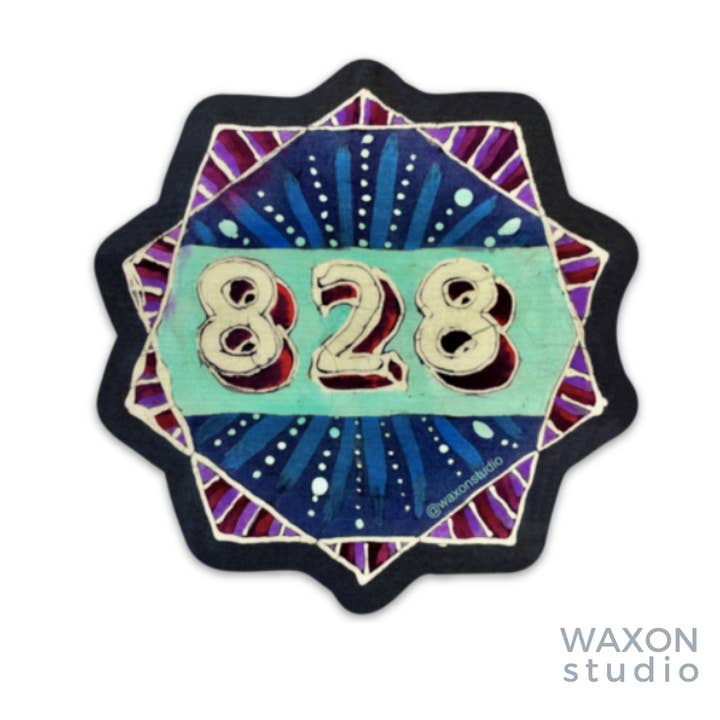 828 Area Code Geometric Sticker for Western North Carolina for wholesale by WAXON Batik & Dye Studio