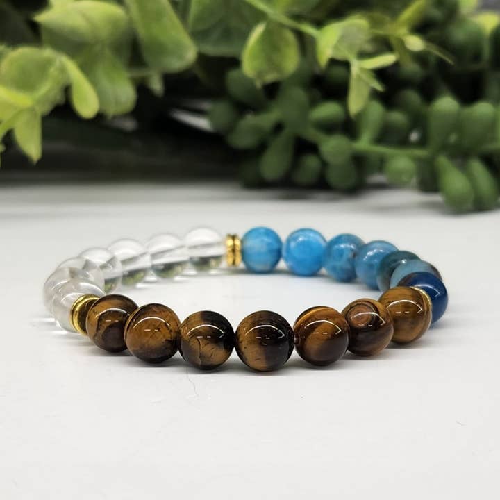Meraki Gemstones - Wholesale Beaded Bracelet - WEIGHT LOSS - Blue Apatite/Tiger eye/Clear Qrtz Bracelet 8MM5