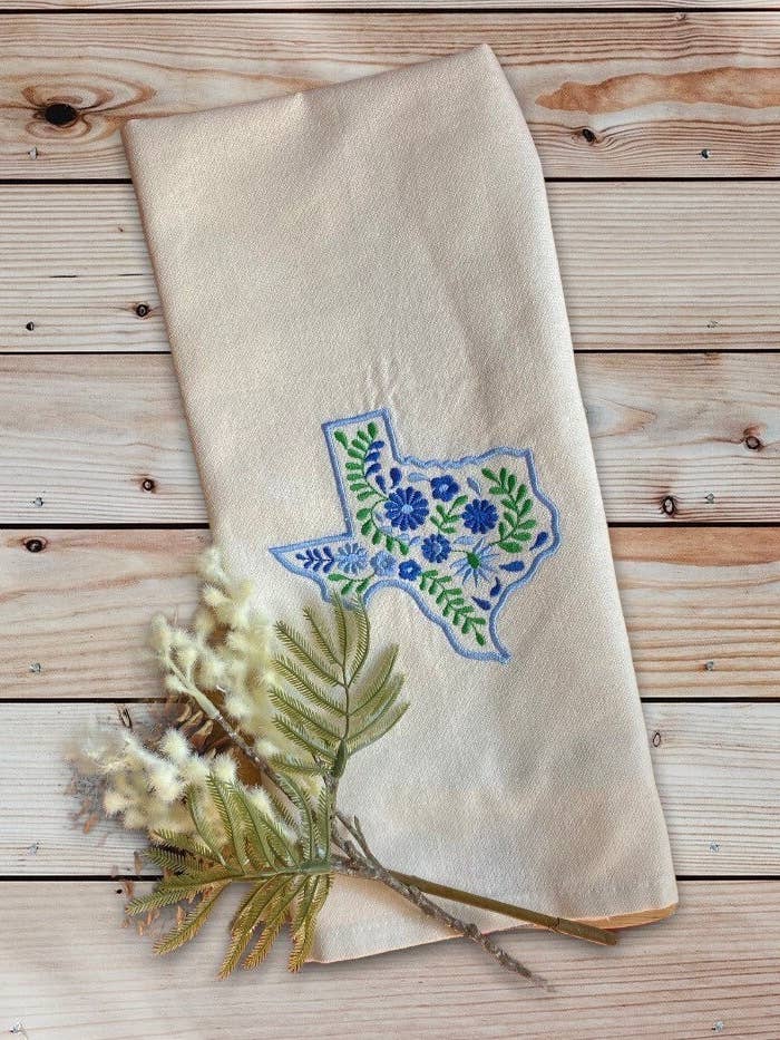 Blue floral Texas tea towel for wholesale by Linkster Love