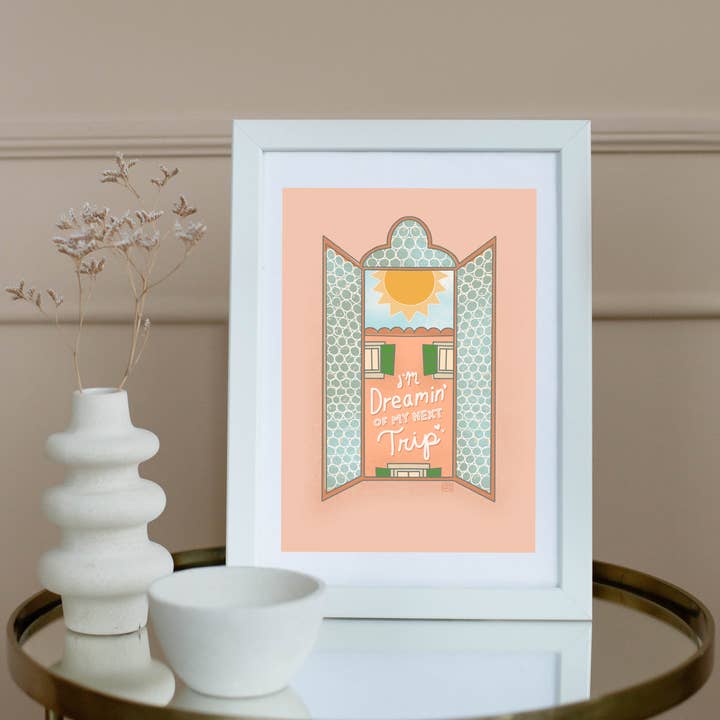 'Dreamin' of My Next Trip' Illustrated Travel Art Print for wholesale by Omie Oh My!