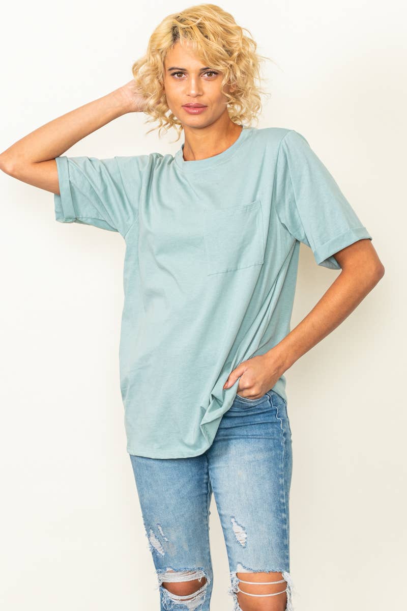 Elloh Collection – wholesale T-shirt – women's – Round Neck Boyfriend Fit Cotton T-Shirt with Front Pocket22