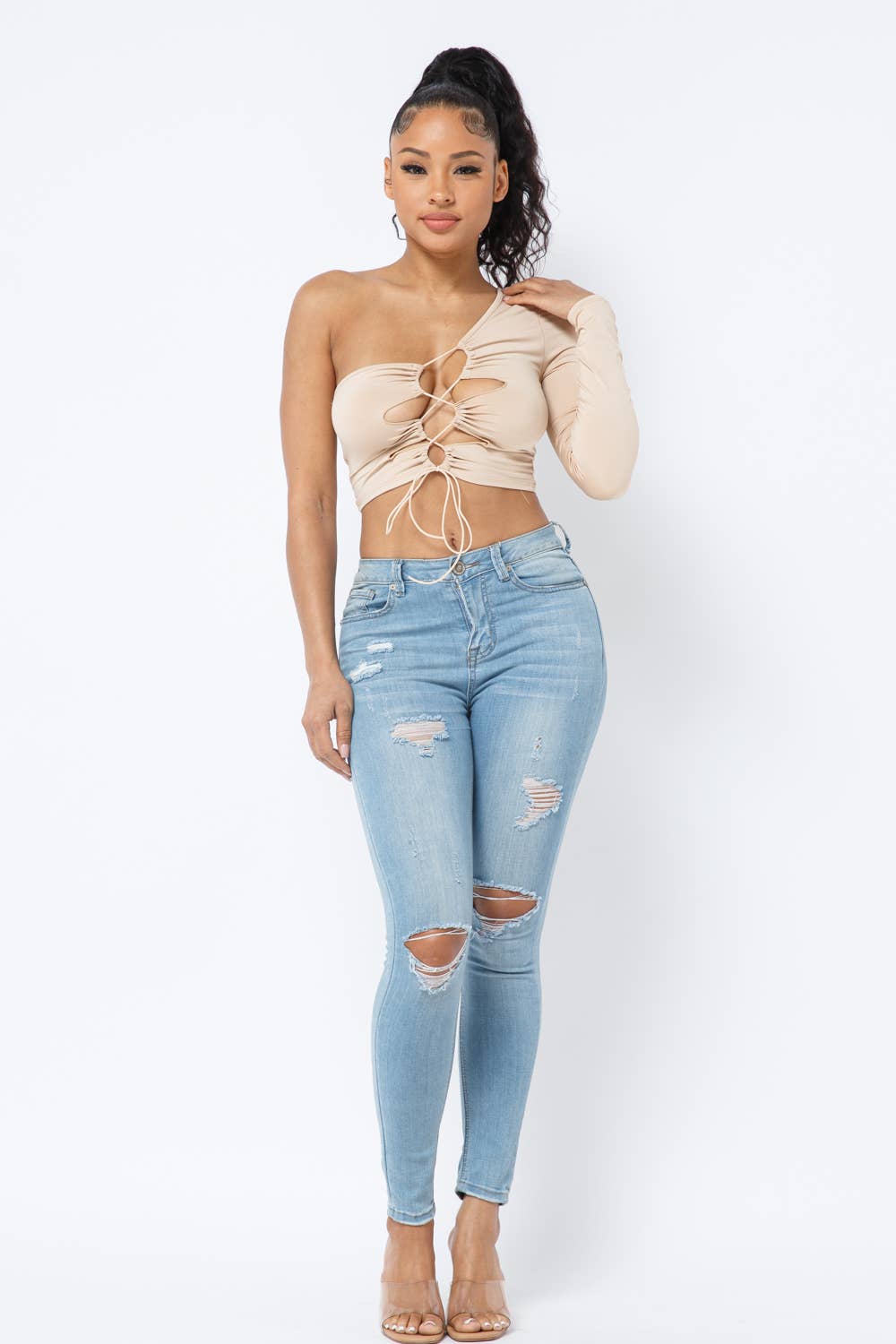 Julia by LoveJ - Wholesale Knit Top - Women's - Yoga Fabric One Shoulder Front Open Tie Crop Top19