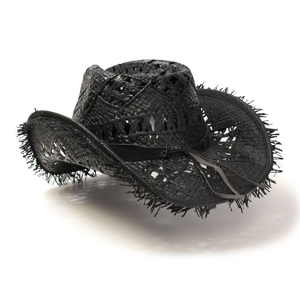 Western Express - Vendita all'ingrosso Cappello da cowboy - Donna - Cappello Western Nero in Paglia con Frangia e Fronte Pizzicata2