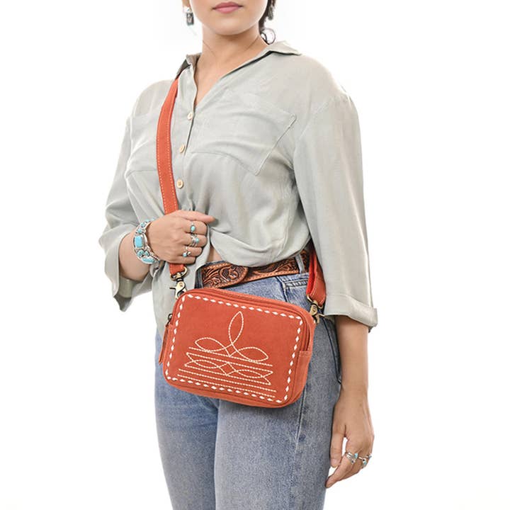 LS Western - Wholesale Crossbody Bag - Women's - ADBGA710 Suede Camera Bag - Western Stitch Detail with Adjustable Strap7