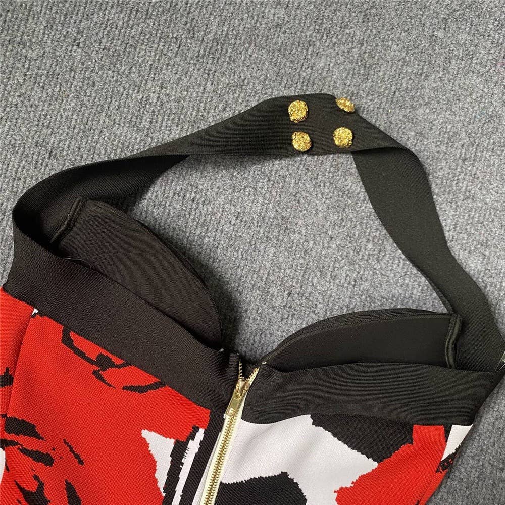 Rød DR0239 Chic Rose Jacquard halterkjole med guldknapper for engroshandel på Faire10