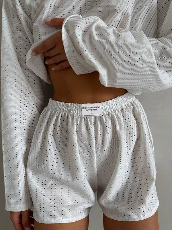 Rosa Clothing - Wholesale Lounge Set - Women's - Eyelet basic long sleeve overfit loose tee lounge shorts set10