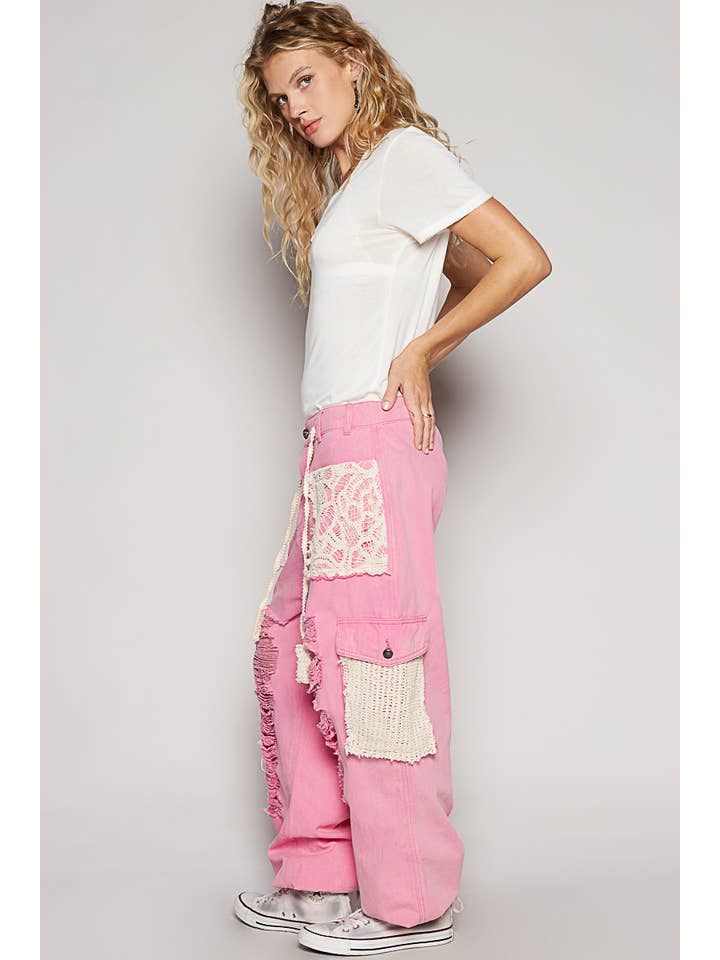 Pol Clothing - Wholesale Pants - Women's - Vintage Wash Crochet Patches Distress Jogger Pants SALE19