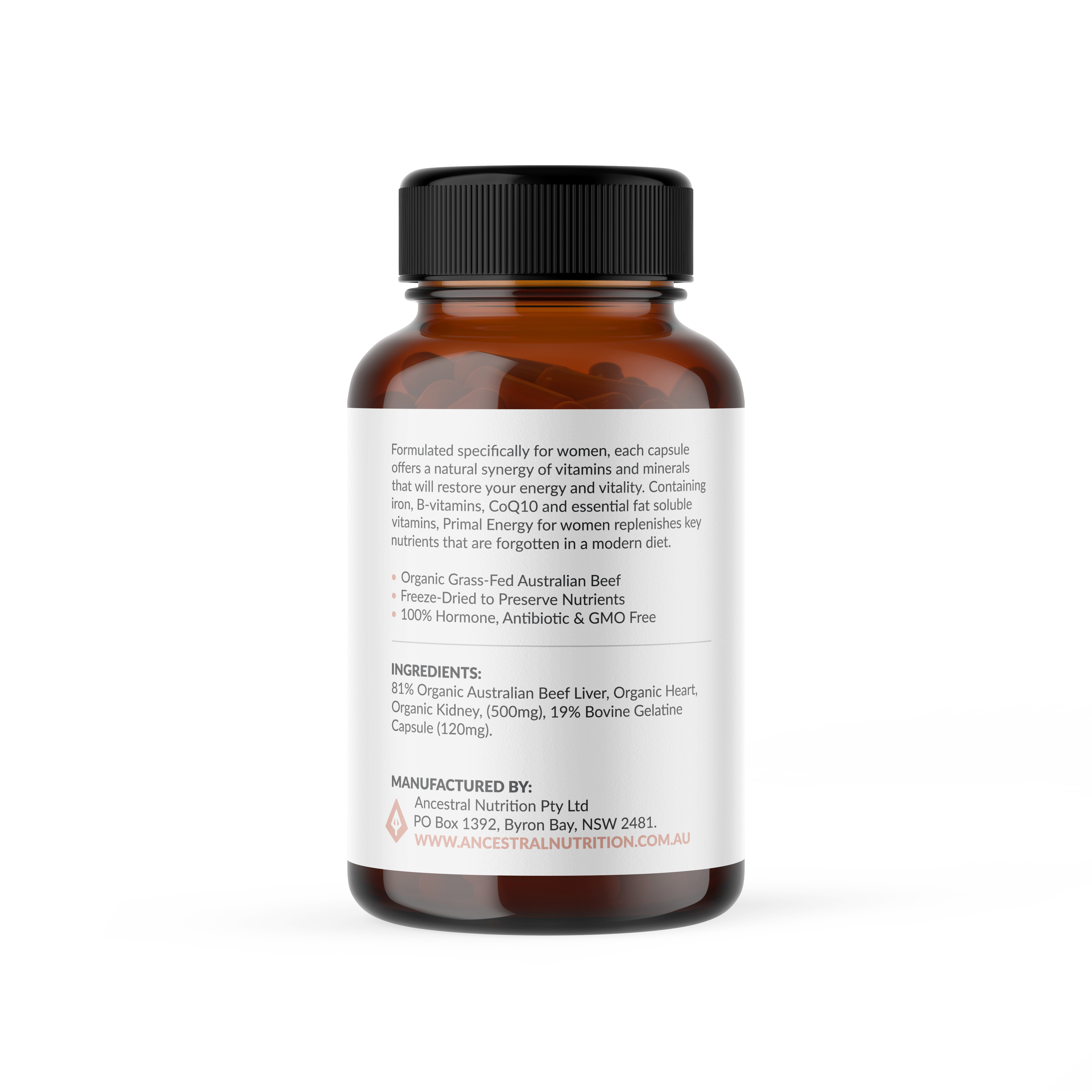 Ancestral Nutrition Pty Ltd - Wholesale Oral supplement/vitamin - Primal Energy Women - Grass Fed Beef Organ Capsules (Box of 6)2