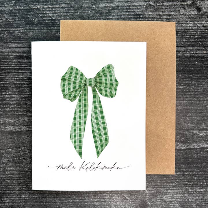 Green Palaka Bow- Mele Kalikimaka | Greeting Card for wholesale by Malina Prints
