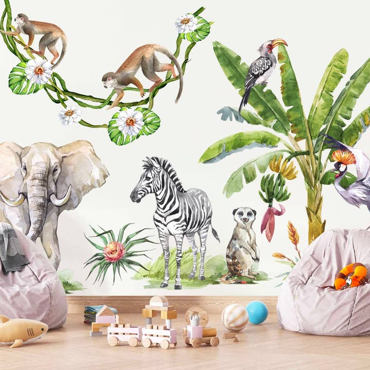 Adesivo da parete Jungle Safari Fun Animal - Vivace stile acquerello per la decorazione della camera dei bambini - BR218 per la vendita all'ingrosso da parte di WallKoala