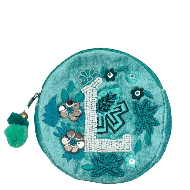 "L" TEAL VELVET BEADED POUCH for wholesale by Pizzazz, Inc.