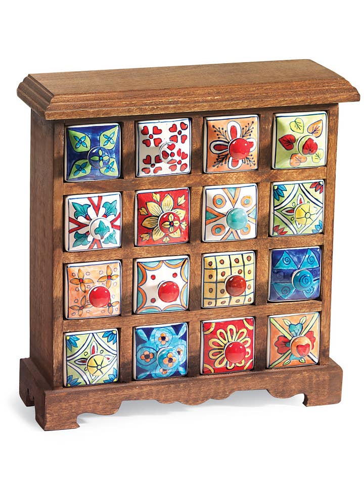 Keramisk opbevaringskiste med 16 skuffer, mangotræ for engroshandel hos Namaste