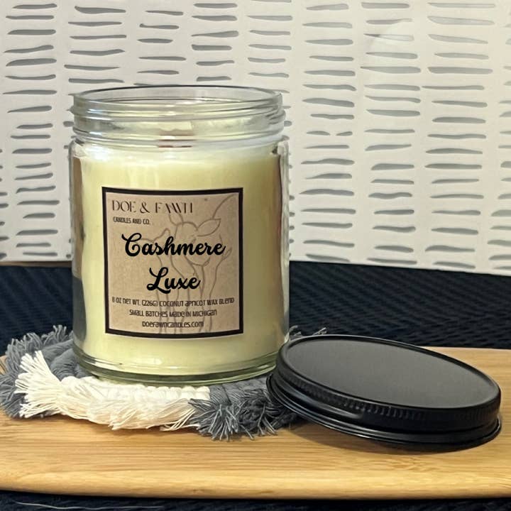 CASHMERE LUXE / 8 OZ. Candle w/ Black Lid and Crackling wood wick for wholesale by Doe & Fawn Candles and Co.