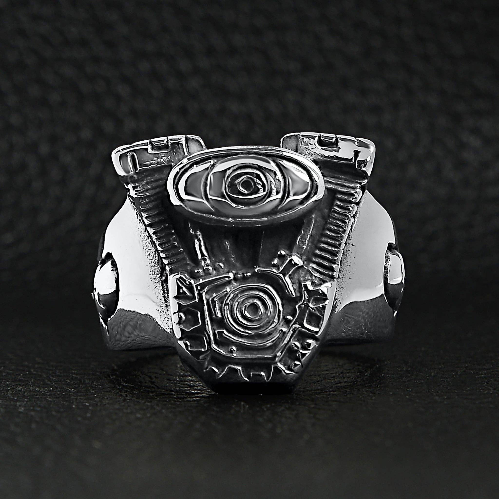 WJW - Wholesale Cocktail/Statement Ring - Stainless Steel Motorcycle Engine With Skull Accents Ring4