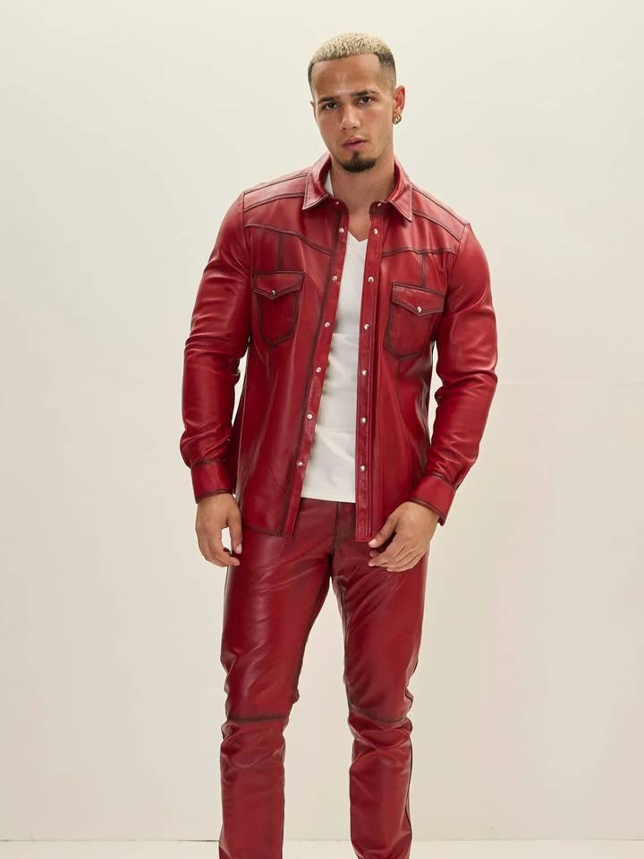 Camisa de Pele de Cordeiro Genuína Masculina - Matiz Vermelho por atacado de Ron Tomson