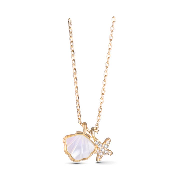 Mother of Pearl Seashell and CZ Starfish Necklace - Gold for wholesale by Amanda Blu