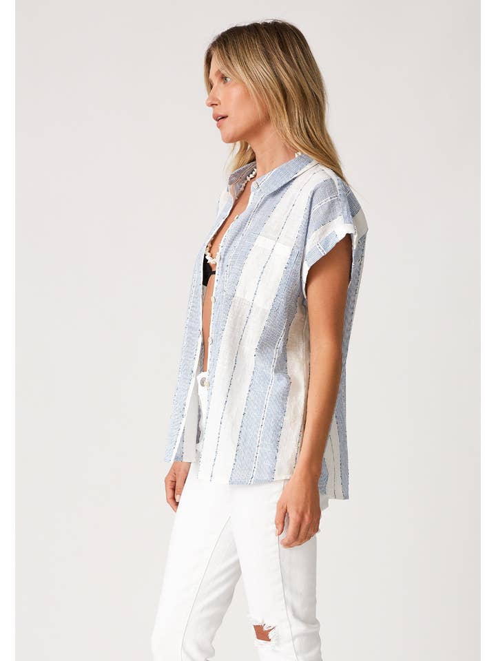 White Blue Stripe Button Down Short Sleeve Collared Blouse for wholesale on Faire