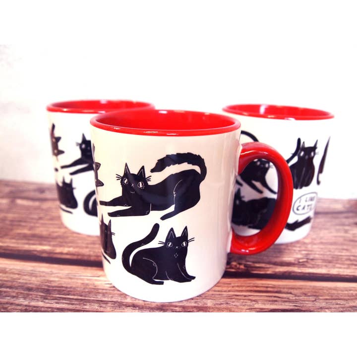 I LIKE CATS - Wholesale Coffee mug - Black Cats Coffee Mug, red handle, illustrated mug2